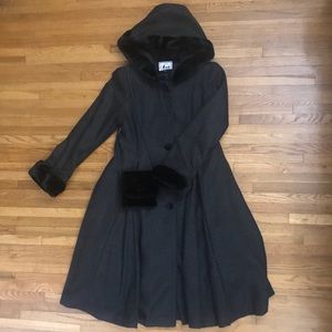 Dark gray coat with black faux fur trim coat